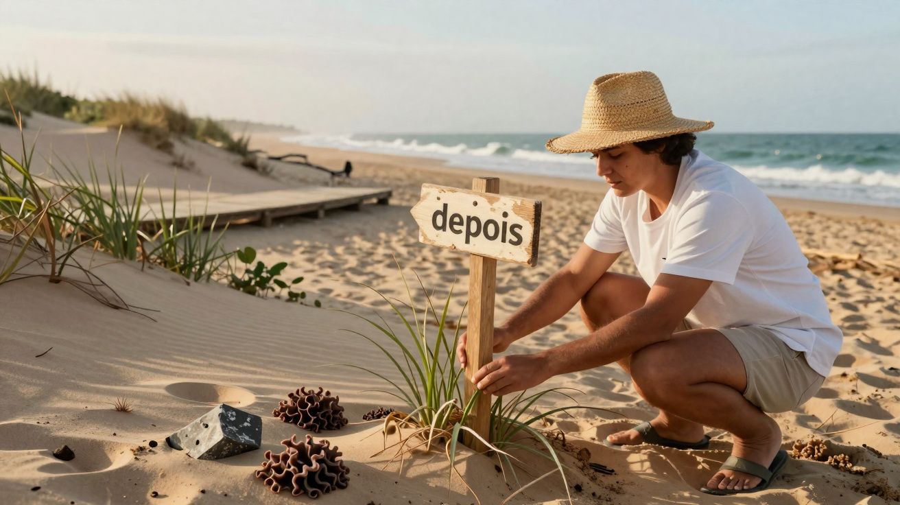 Homem de chapéu de palha coloca placa com a palavra "depois" numa praia com dunas e vegetação rasteira.