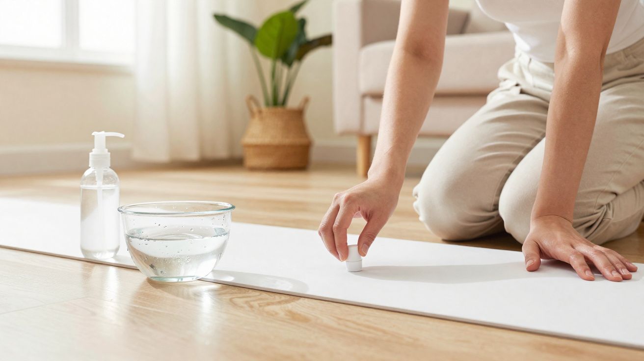 Pessoa ajoelhada a pintar com pincel de esponja em folha branca no chão de madeira, com recipiente de água e frasco de gel ao