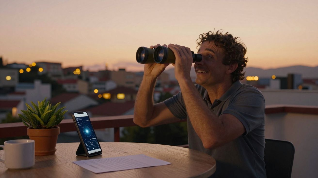 Homem com binóculos observa o céu ao entardecer numa varanda com smartphone, planta e caneca numa mesa.