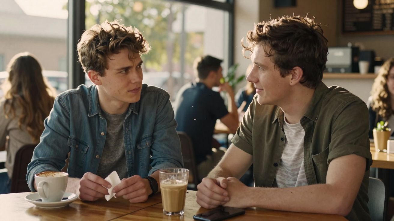 Dois jovens conversam animadamente sentados numa mesa de café, com bebidas à frente.