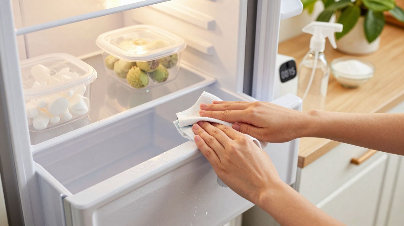 Mãos a limpar o interior de um frigorífico aberto com um pano branco.
