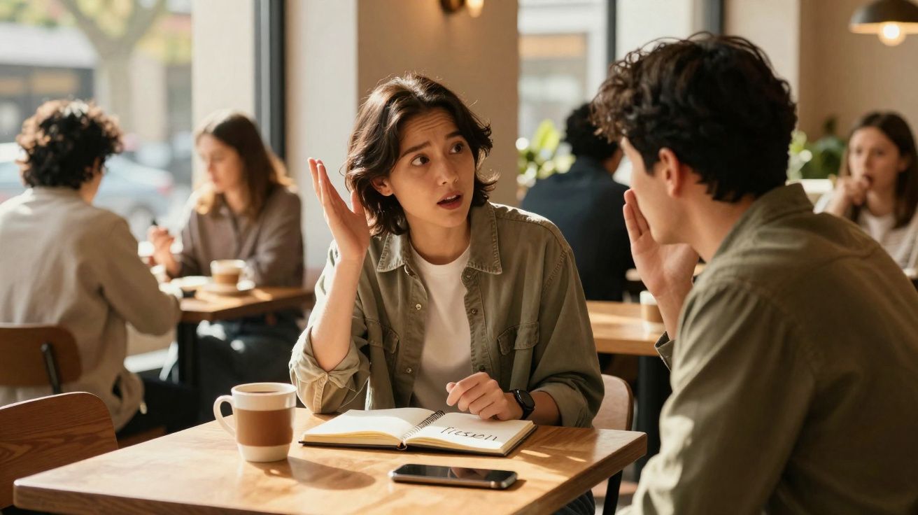 Duas pessoas a discutir numa cafeteria, com um caderno aberto e uma chávena na mesa.