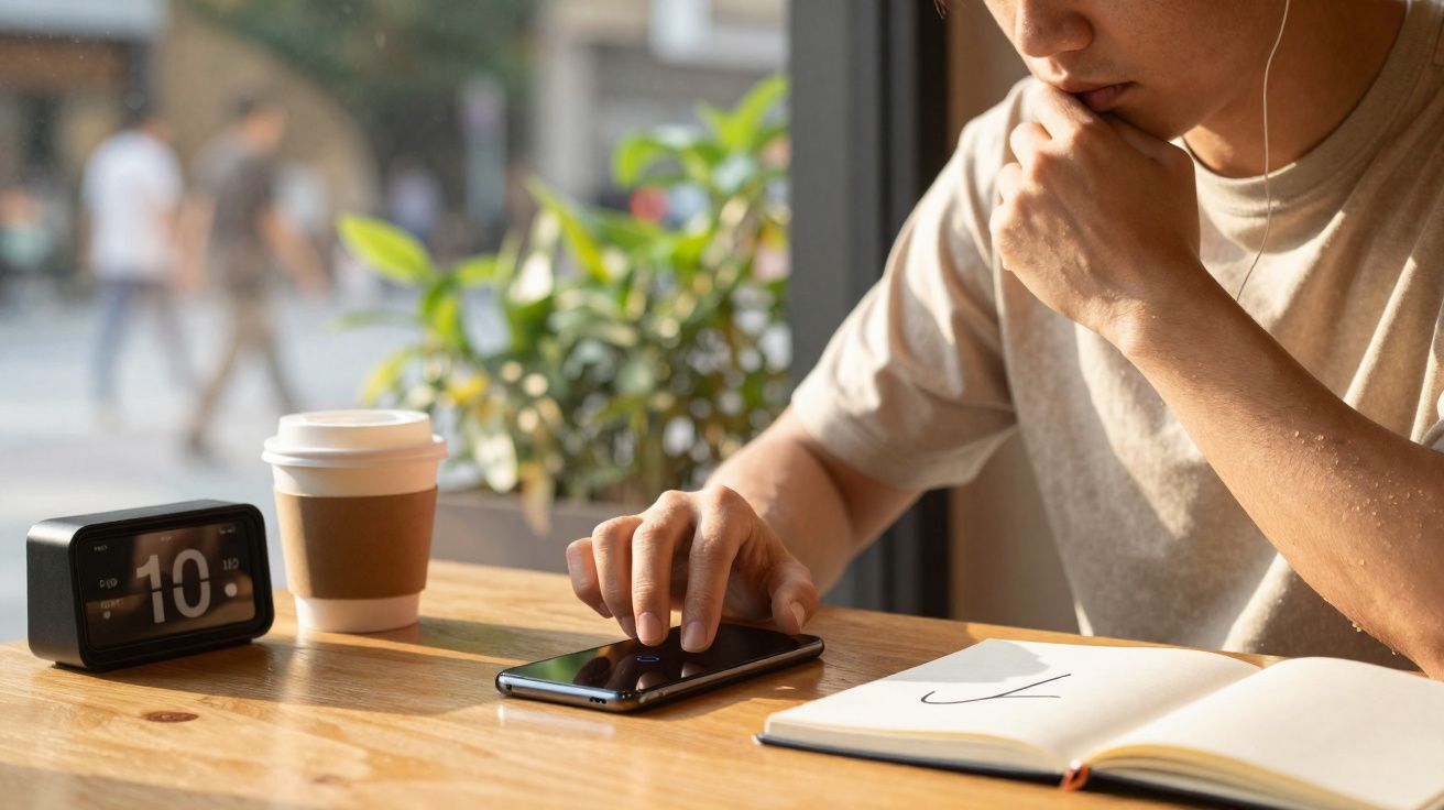 Homem sentado numa mesa com relógio, café, caderno aberto e a usar smartphone numa manhã ensolarada.