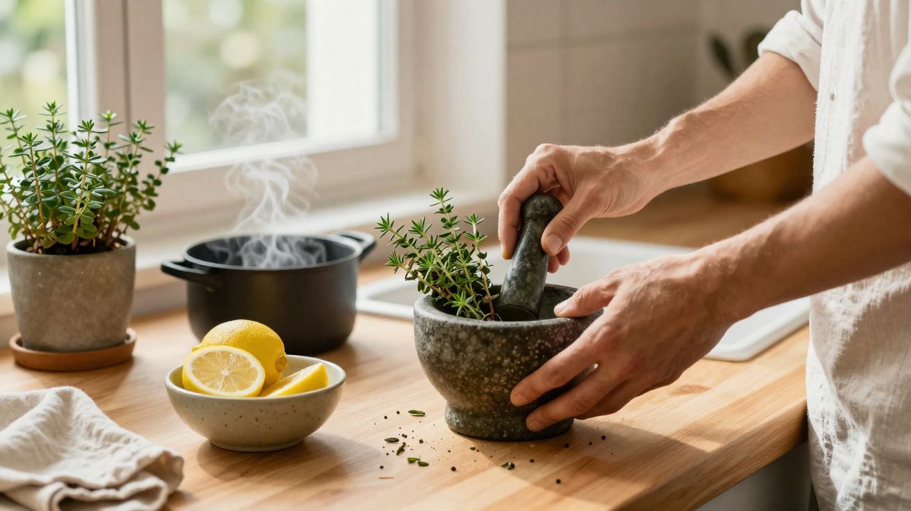 Pessoa a esmagar ervas frescas num almofariz de pedra numa cozinha luminosa com limões e panela a fumegar.