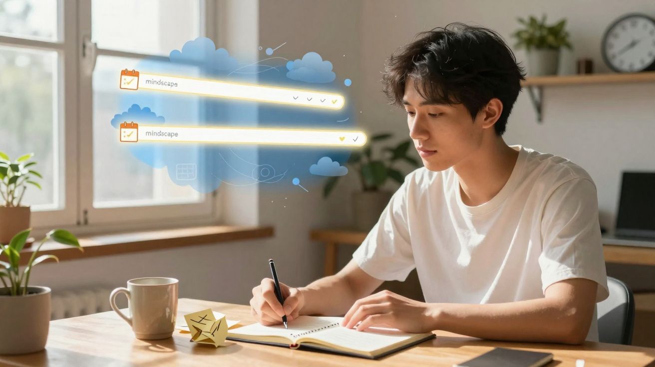 Jovem sentado à mesa a escrever num caderno, com representação digital de mensagens flutuantes.