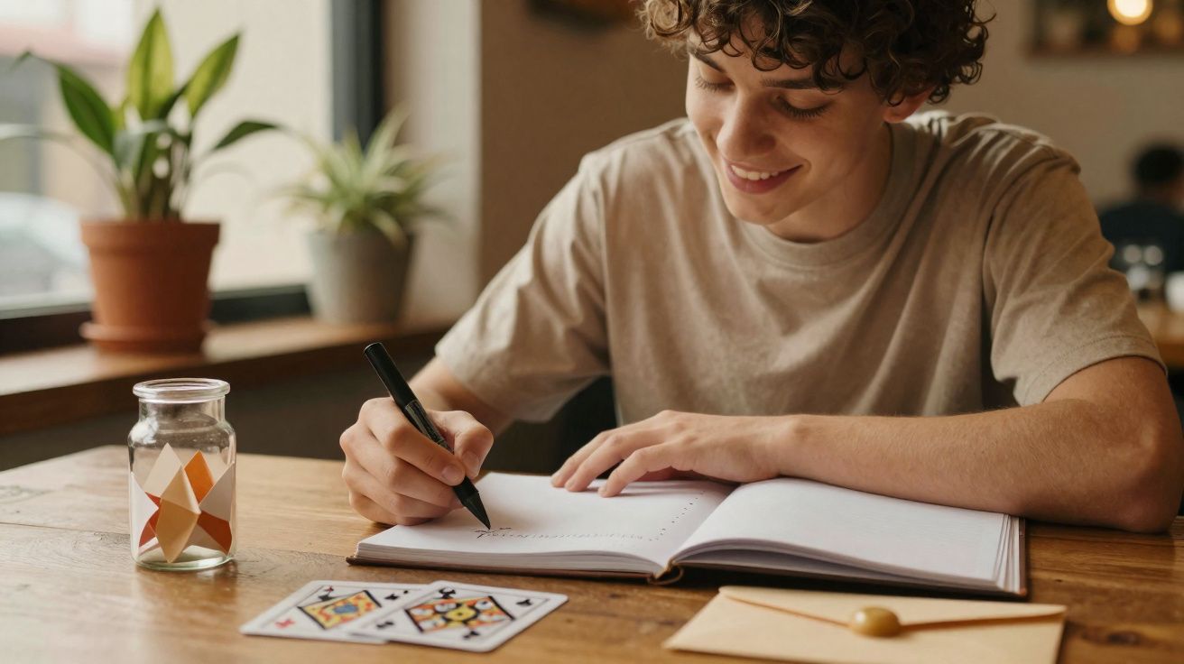 Rapaz sorridente a escrever num caderno, sentado numa mesa com cartas e envelope, perto de plantas.