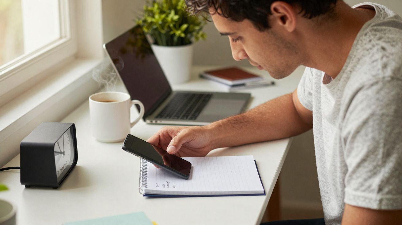 Homem sentado numa secretária a olhar para o telemóvel, com laptop, relógio e chá quente à sua frente.