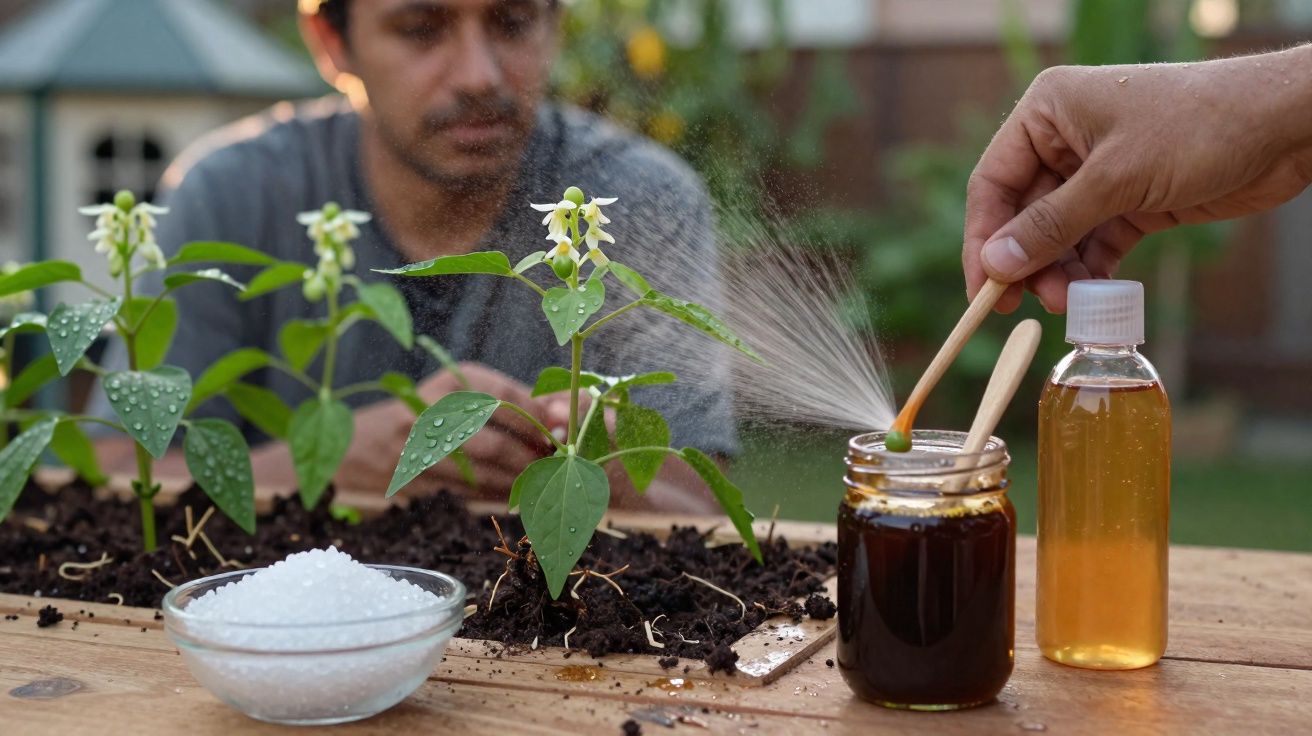 Pessoa pulveriza plantas jovens com mistura caseira, com frascos de líquido e cristais ao lado.