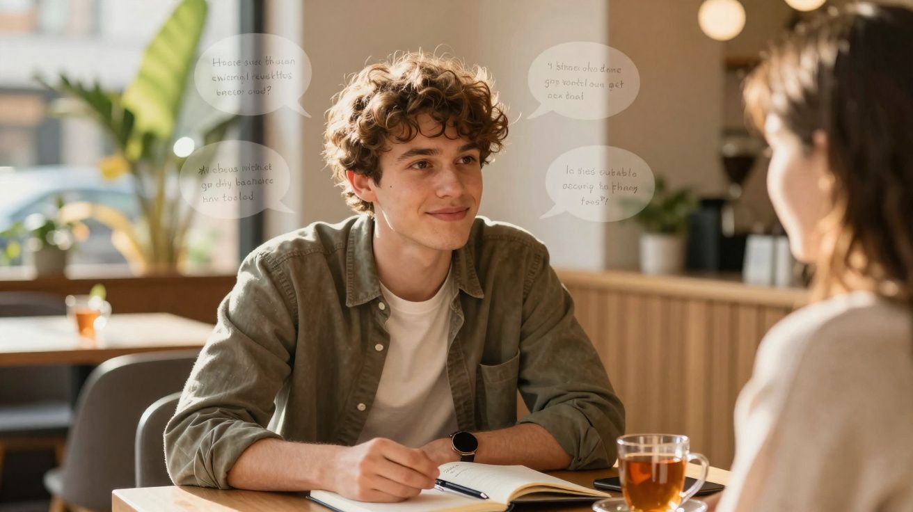 Jovem com cabelo encaracolado sorri enquanto conversa com uma mulher num café iluminado por luz natural.