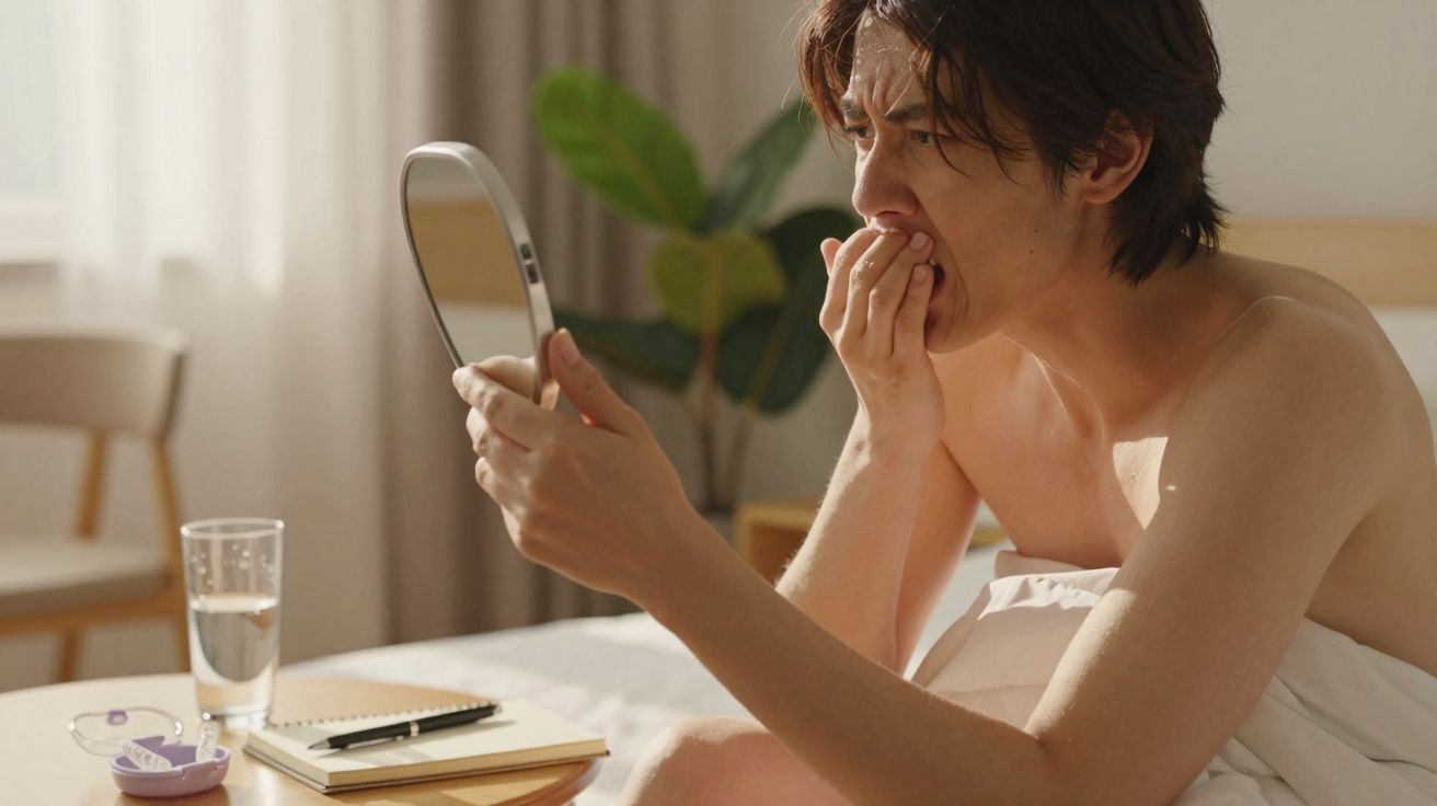 Pessoa sentada na cama, coberta com lençol, olhando preocupada para um espelho de mão.