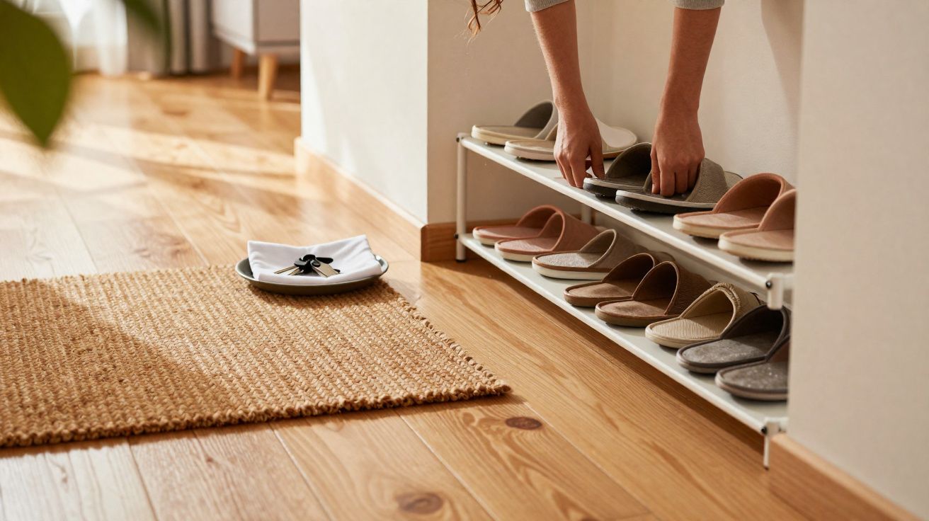 Pessoa a organizar chinelos em suporte metálico junto a tapete de ráfia em chão de madeira clara.