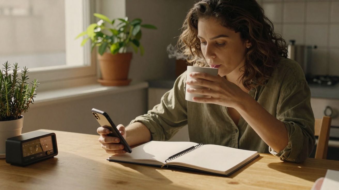 Mulher sentada à mesa a beber chá quente enquanto lê o telemóvel, com caderno aberto e plantas ao fundo.