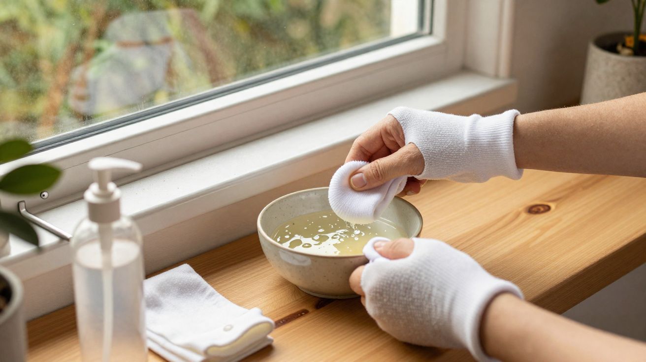 Mãos com bandagens brancas a mergulhar algodão numa tigela com líquido transparente, junto à janela.