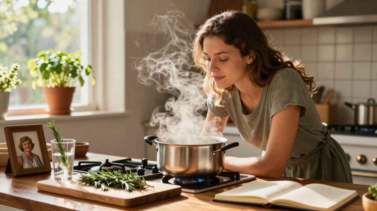 Mulher cheira vapor de uma panela numa cozinha moderna com plantas e livro aberto sobre a mesa.