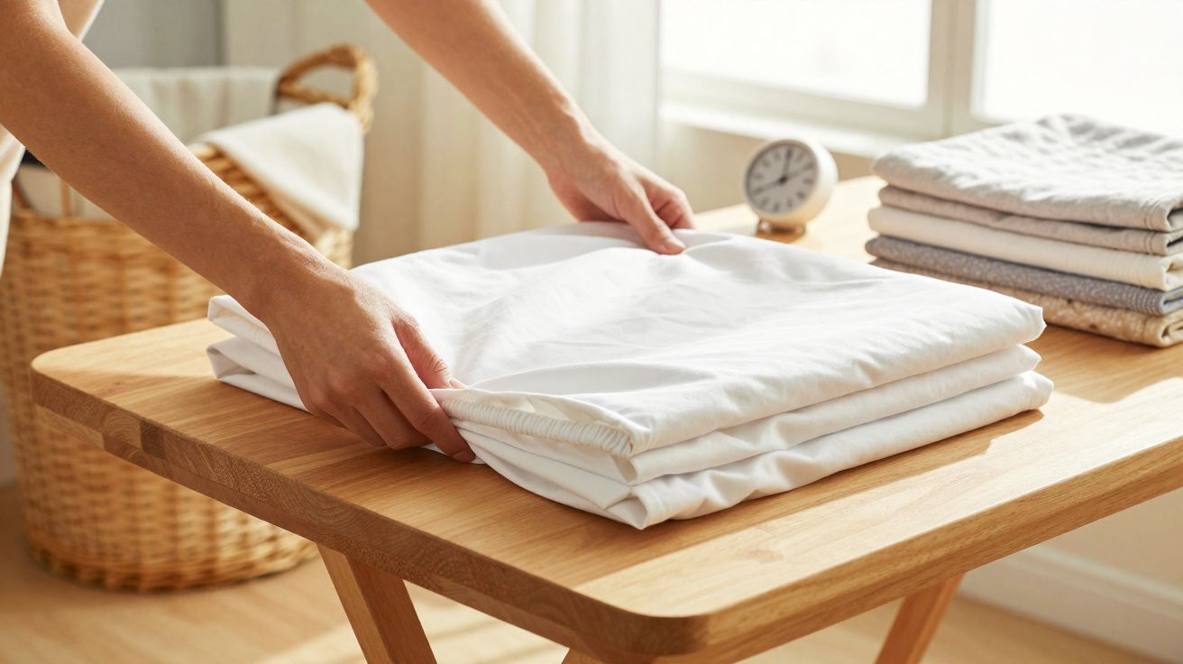 Mãos a dobrar lençóis brancos sobre uma mesa de madeira com mais roupas dobradas e um relógio ao fundo.