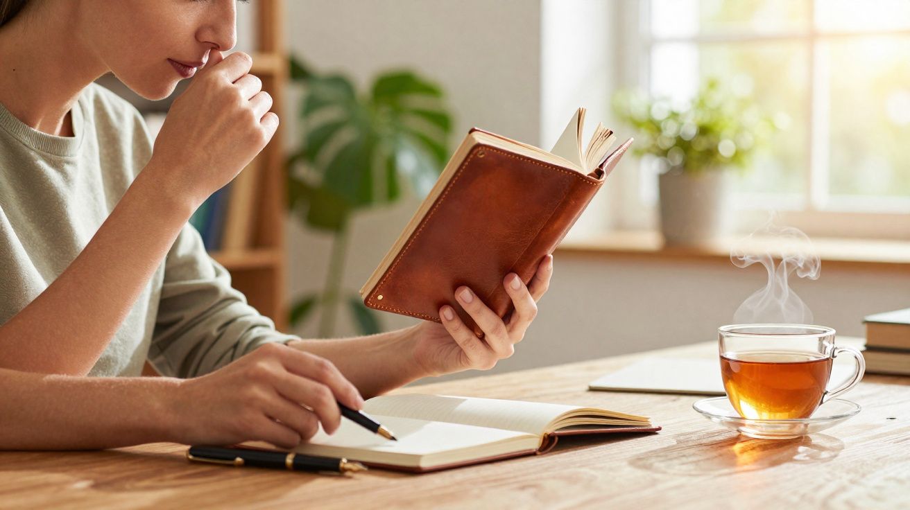 Pessoa a ler livro e a fazer anotações numa mesa com chá quente junto a uma janela iluminada.