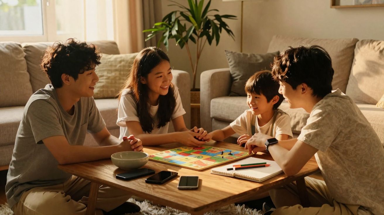 Jovens sentados no chão à volta de mesa baixa a jogar jogo de tabuleiro numa sala iluminada.