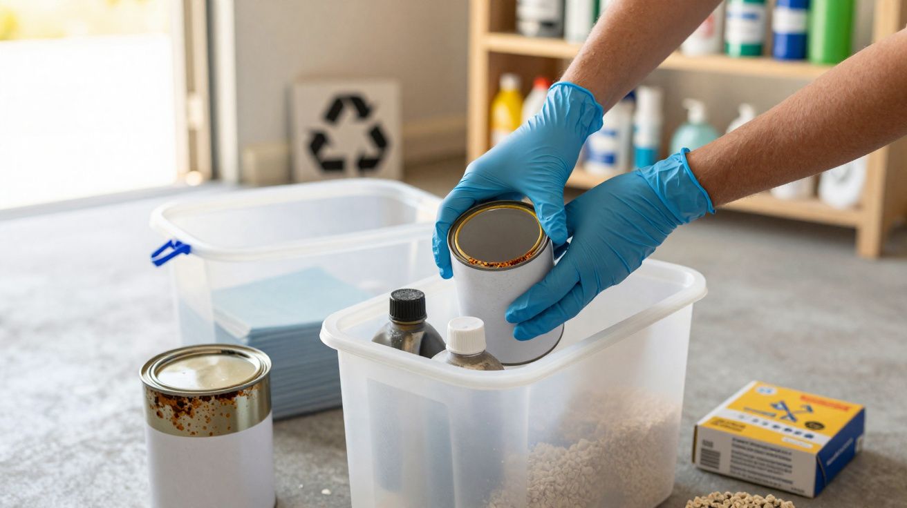 Mãos com luvas azuis a colocar latas e frascos numa caixa plástica para reciclagem, símbolo de reciclagem ao fundo.