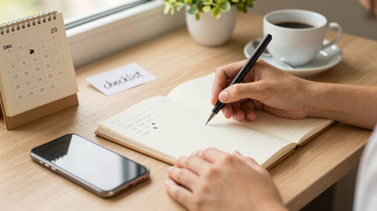 Pessoa a escrever numa agenda com uma caneca de café, calendário, telemóvel e planta numa secretária.