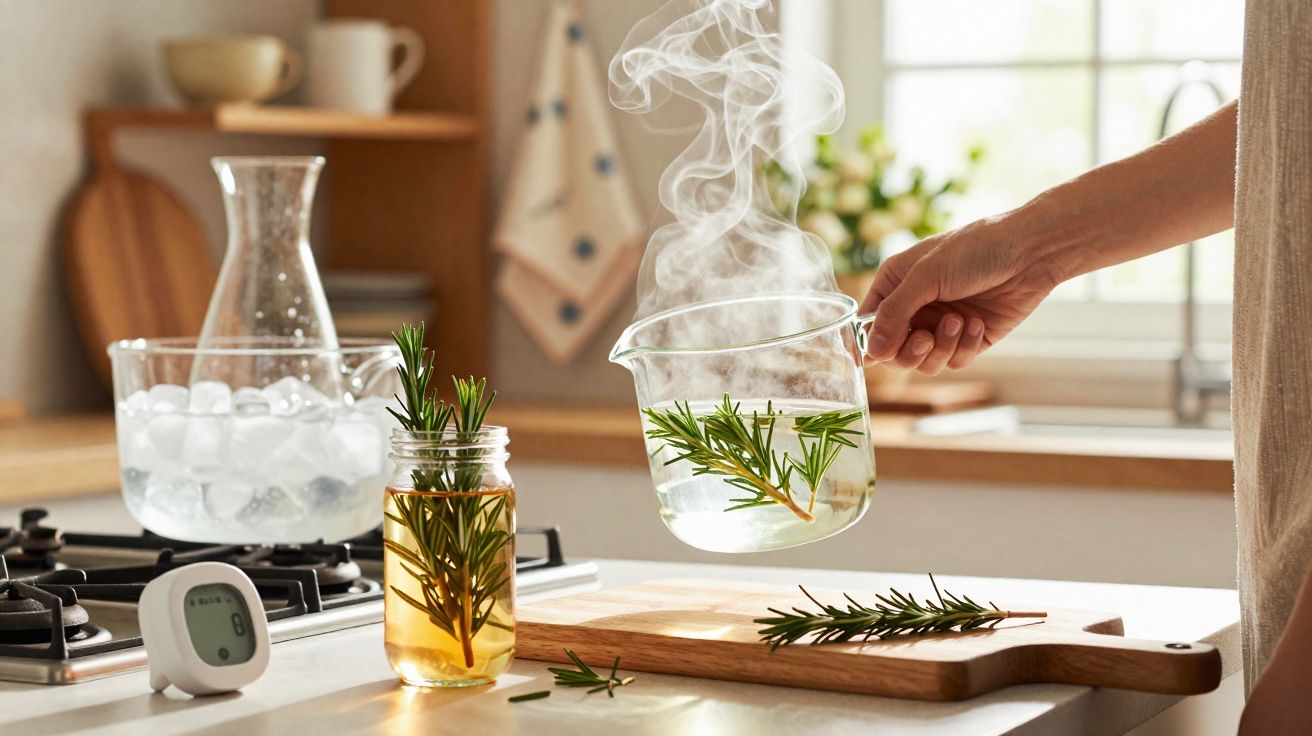 Mão segura jarra com infusão quente de alecrim numa cozinha luminosa com gelos e frascos na bancada.