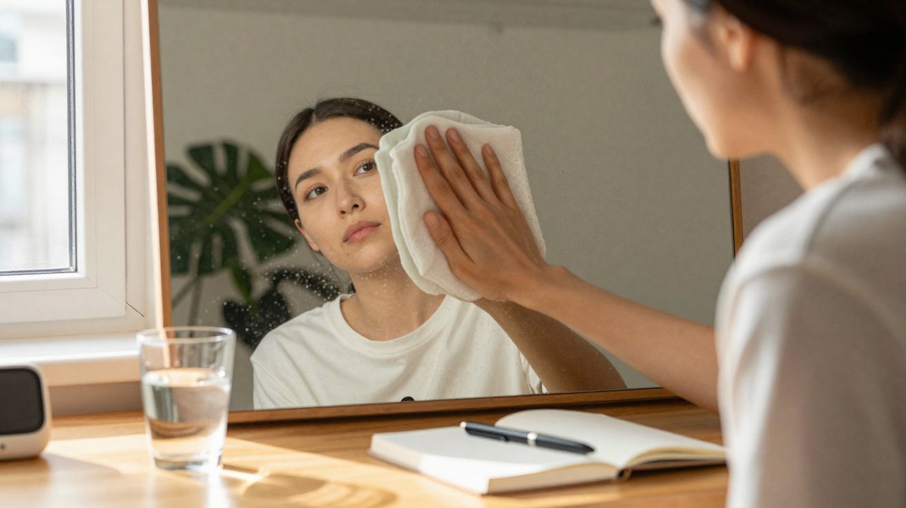 Mulher a limpar espelho com pano branco, sentada à secretária junto a janela com caderno e copo de água.
