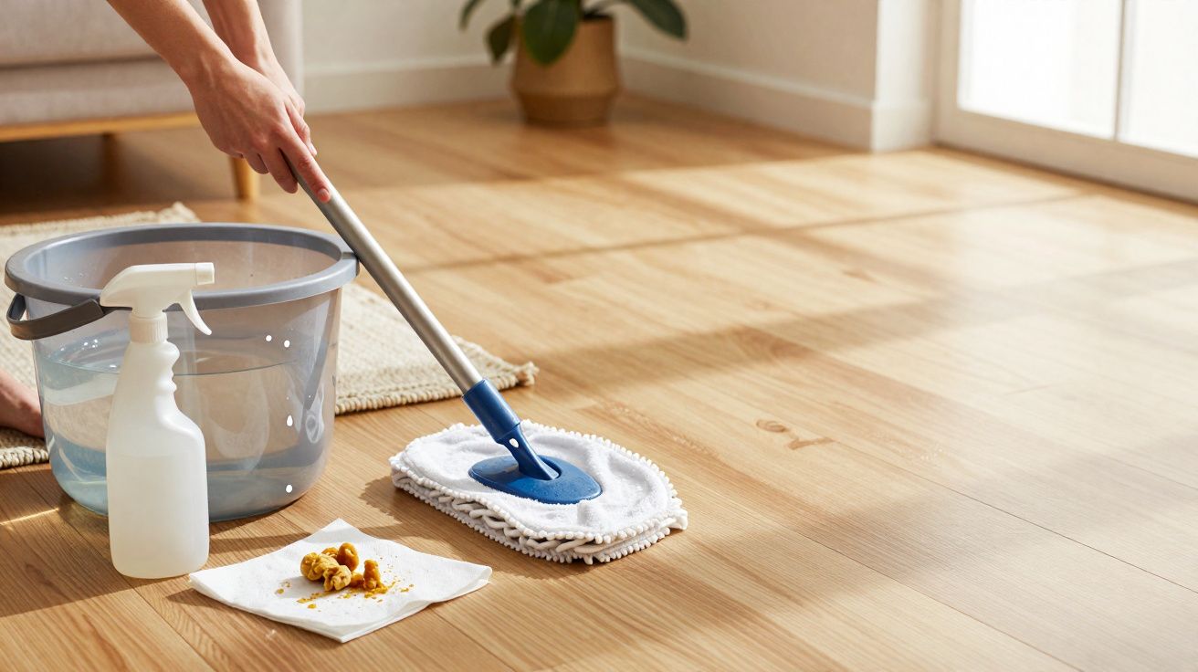 Pessoa a limpar chão de madeira com esfregona, balde de água e spray de limpeza ao lado.