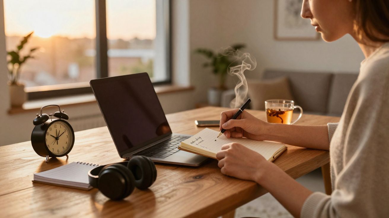 Pessoa a escrever num caderno numa mesa com computador portátil, relógio, auscultadores e chá, ao pôr do sol.