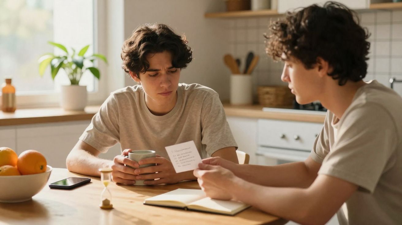 Dois jovens sentados à mesa de cozinha, um segura uma chávena e o outro lê um papel.