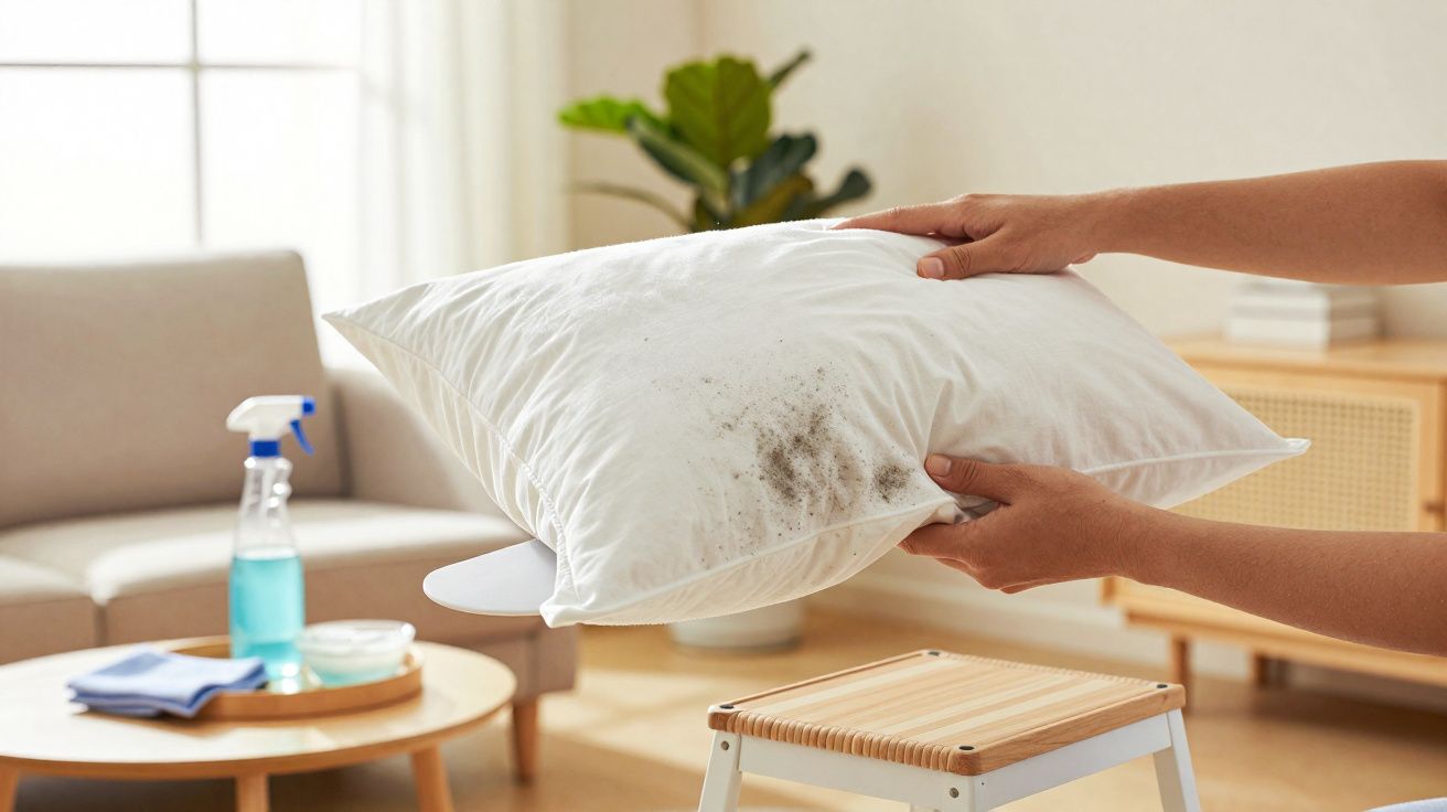 Almofada branca com manchas de bolor sendo segurada por duas mãos numa sala iluminada.