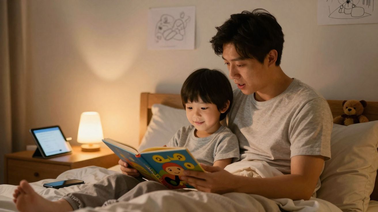 Pai e filho sentados na cama a lerem um livro infantil à luz da lâmpada ao lado.