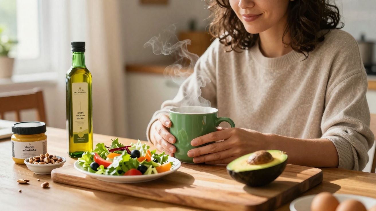 Mulher sentada à mesa segurando chá quente com salada, abacate, azeite e frutos secos à frente.
