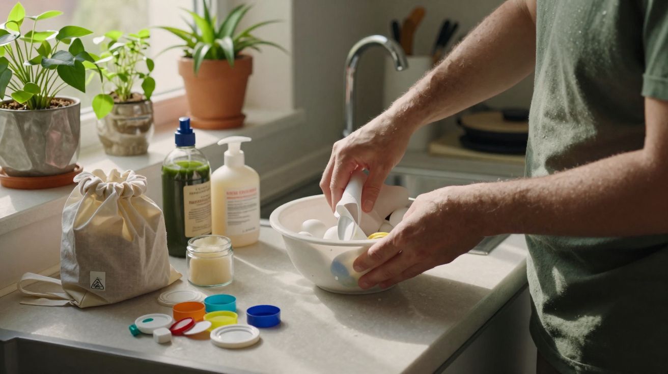 Pessoa a limpar ovos numa cozinha com plantas e vários frascos numa bancada iluminada pela luz natural.