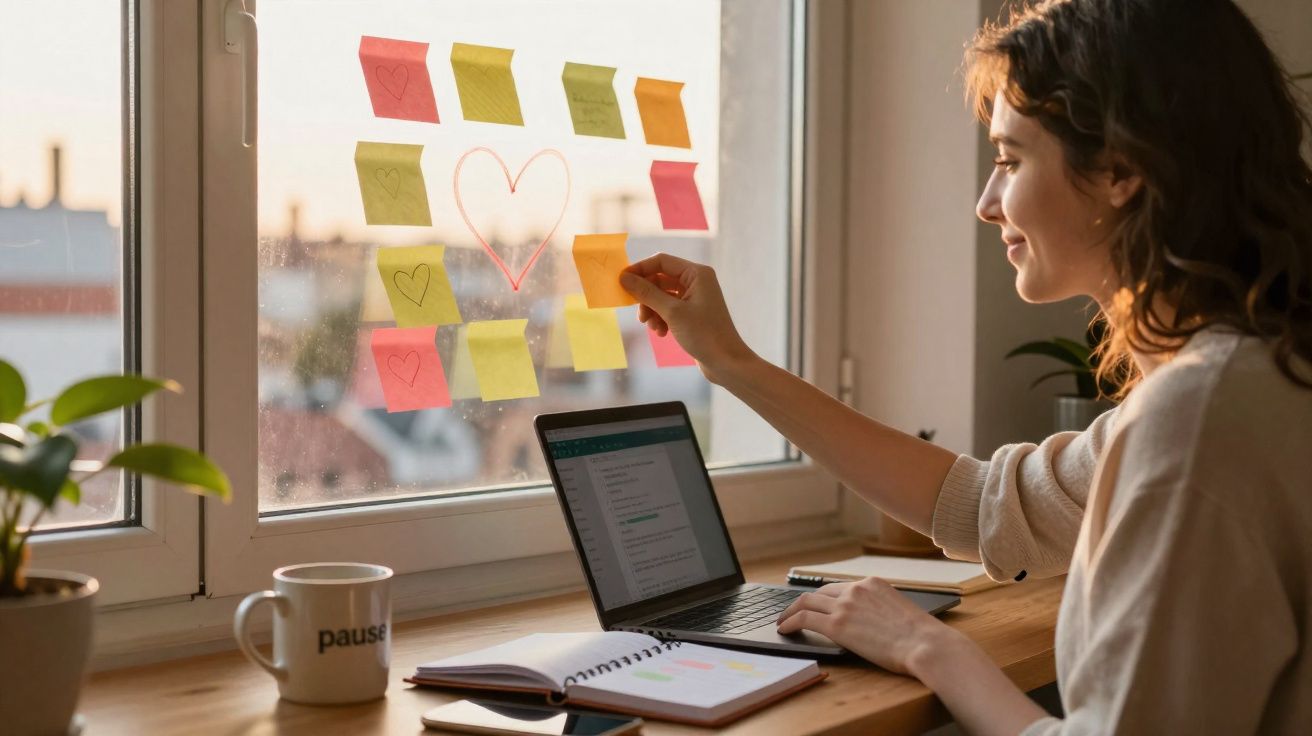 Mulher a trabalhar num escritório em casa com post-its coloridos e um coração desenhado na janela.