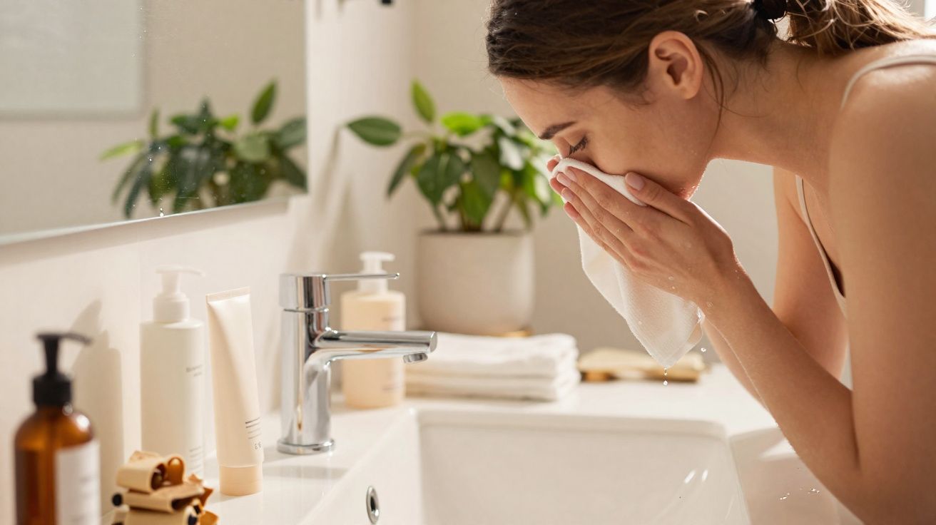 Mulher lavando o rosto com toalha junto à pia do banheiro iluminado e com produtos de cuidados pessoais.