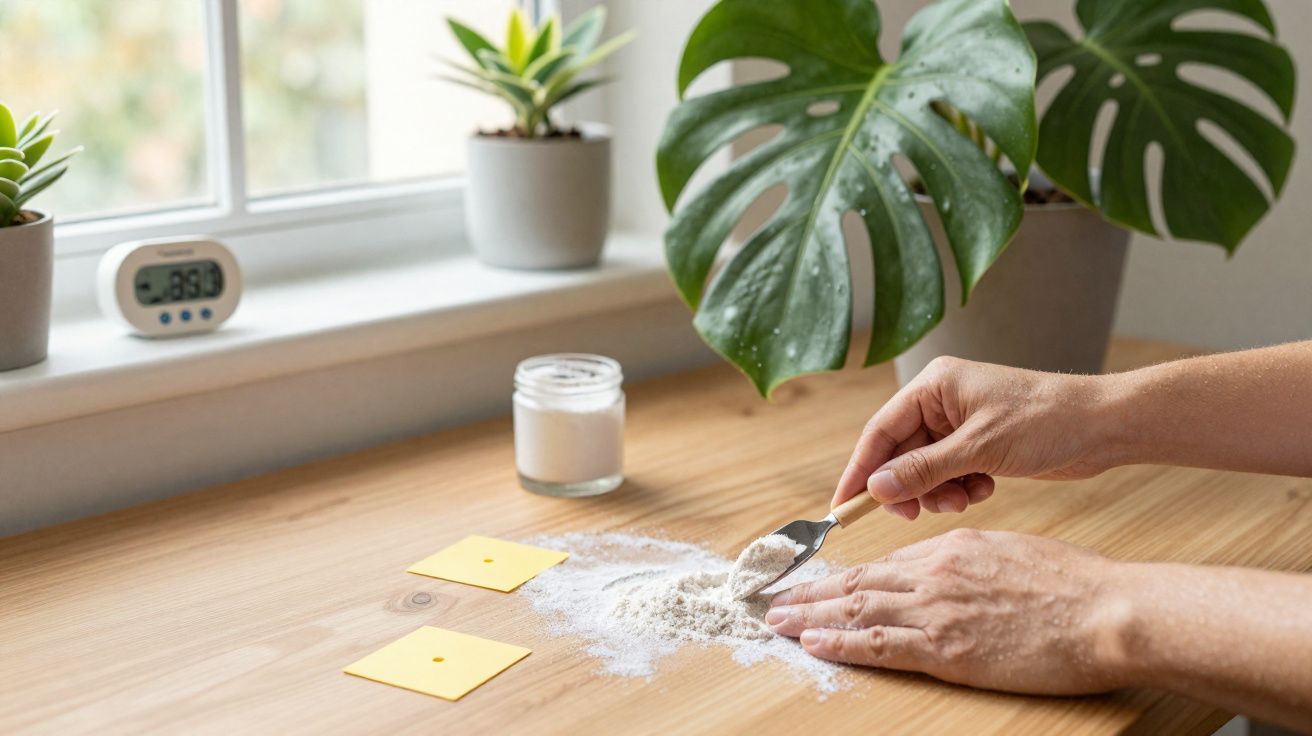 Mãos a manusear pó branco com colher num tampo em madeira junto a plantas e um termómetro digital.