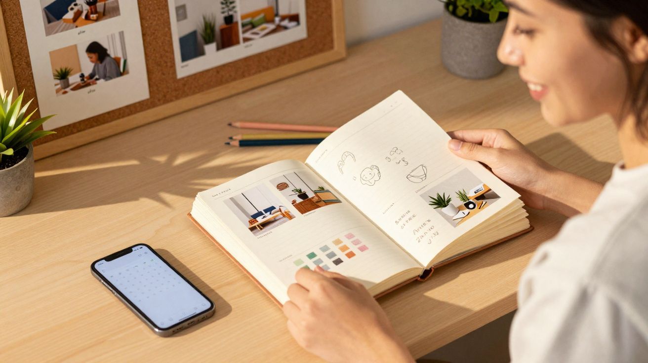 Pessoa a folhear caderno de anotações num ambiente de trabalho com telemóvel e planta sobre a mesa.