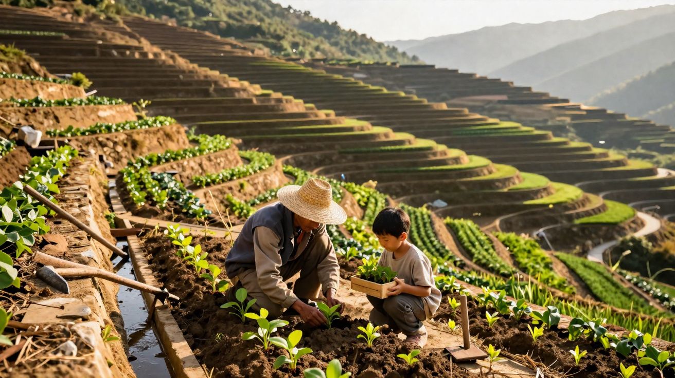 Homem e menino plantam em terraços agrícolas verdejantes em montanha com luz solar ao fim do dia.