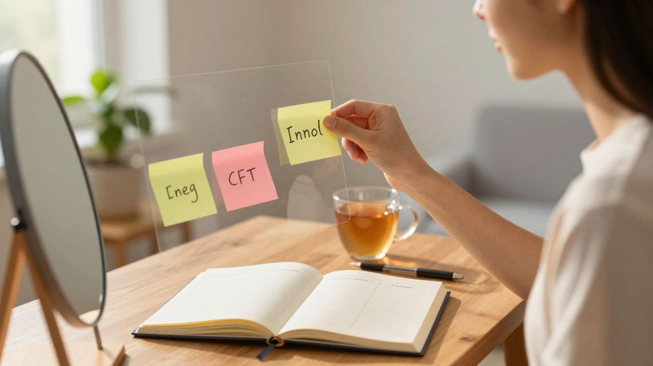 Mulher a organizar notas adesivas num suporte transparente à frente de um diário e chá numa mesa de madeira.