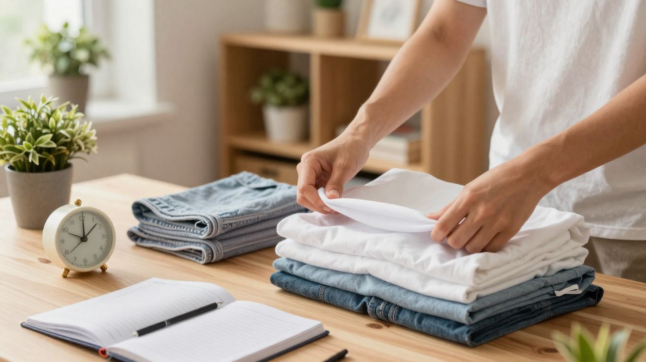 Pessoa a dobrar roupa branca e azul sobre uma mesa de madeira organizada, com relógio e caderno.