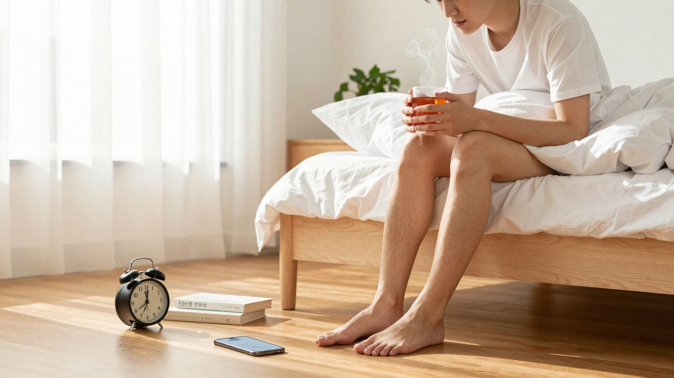 Homem sentado na cama a segurar chá quente, com despertador, livros e telemóvel no chão.