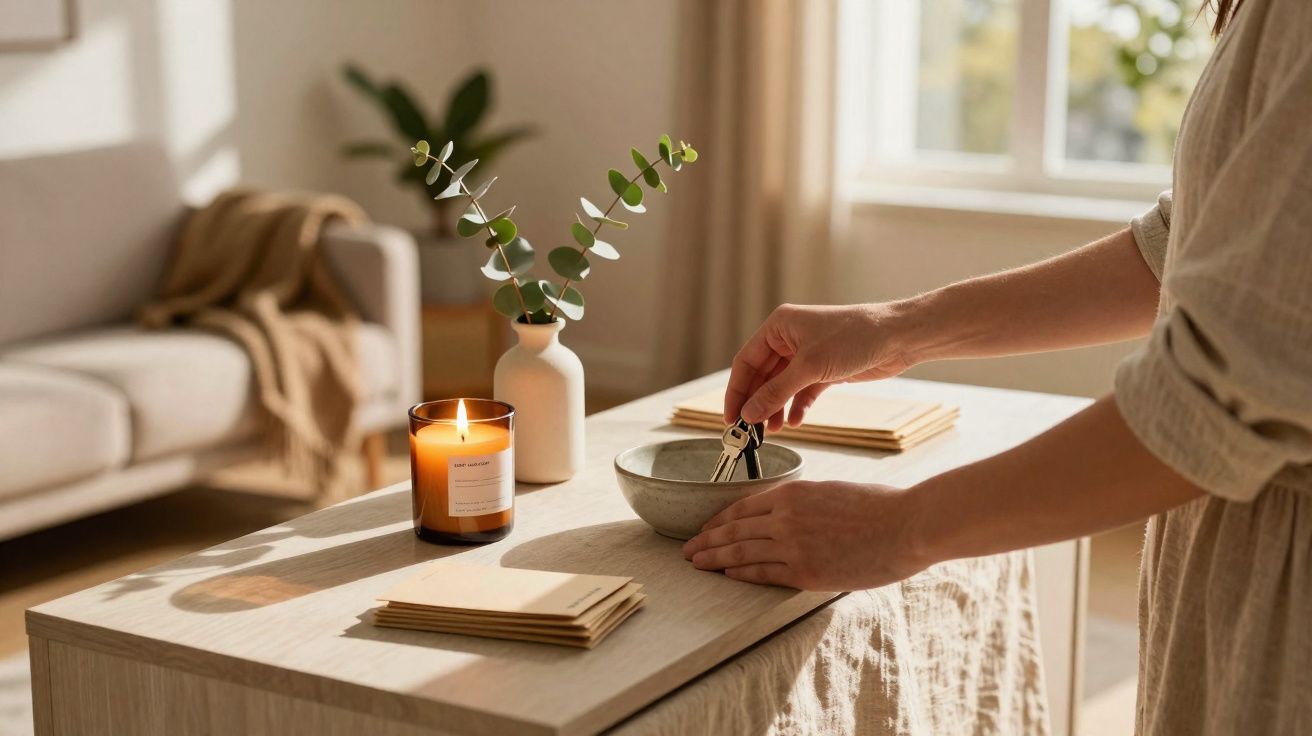 Pessoa a colocar chaves numa taça sobre mesa com vela acesa e vaso decorativo numa sala ensolarada.