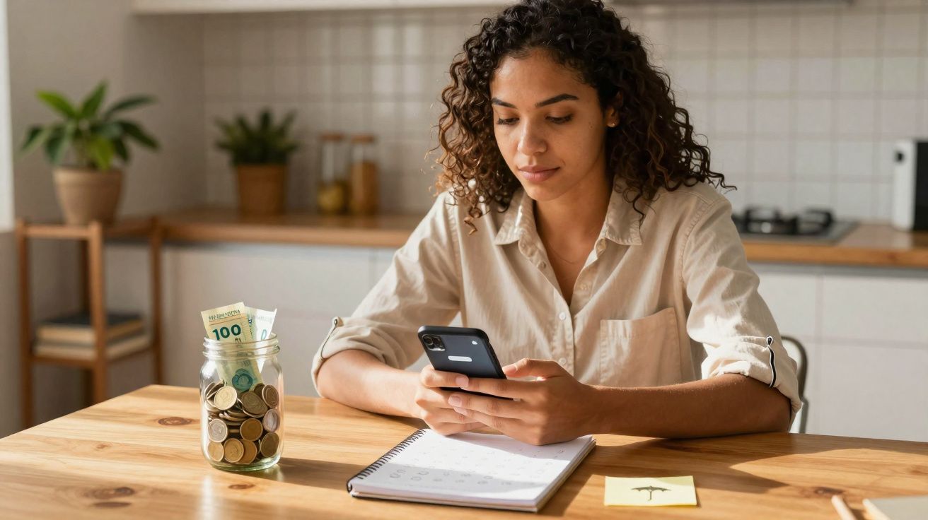Mulher a verificar telemóvel sentada à mesa com mealheiro de moedas e caderno aberto numa cozinha.