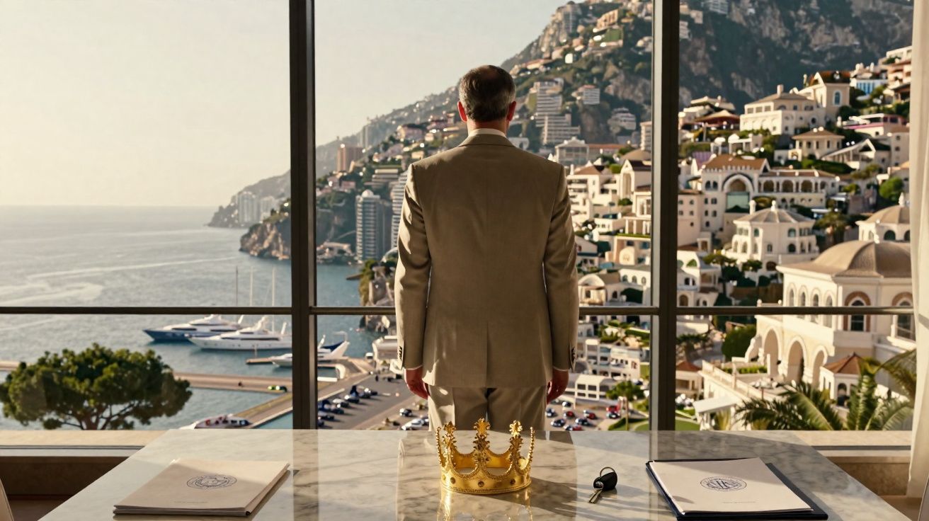 Homem de fato visto de costas numa sala com vista para mar, montanha e casas, com coroa dourada numa mesa.