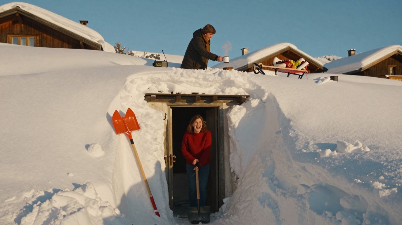 Duas pessoas a limpar neve à entrada de uma casa coberta por neve, com palas de neve encostadas à parede.