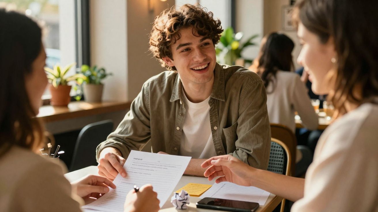 Grupo de jovens a discutir documentos numa mesa num ambiente descontraído.