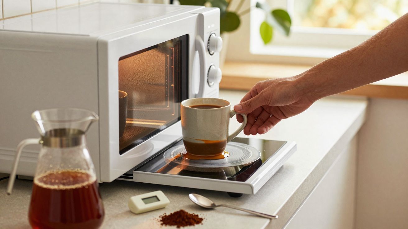 Pessoa a retirar caneca de café quente de micro-ondas numa cozinha iluminada.