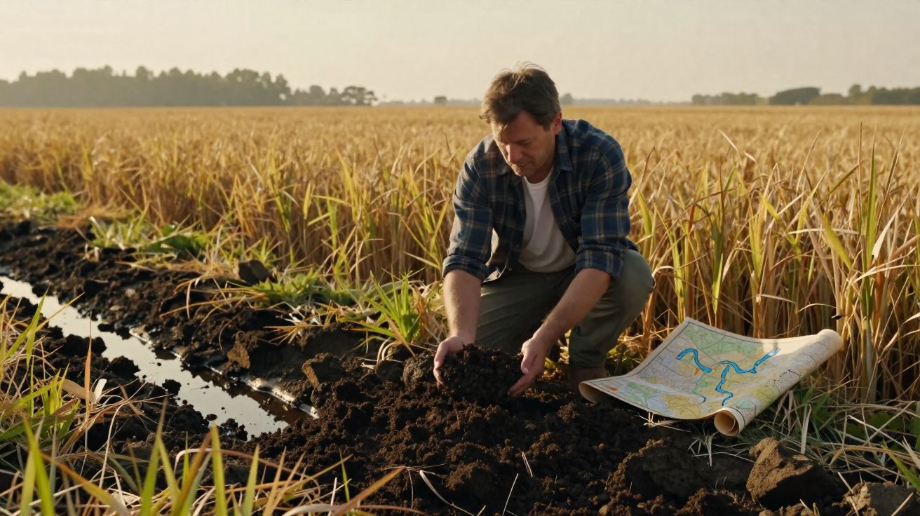 Homem agachado numa plantação a analisar terra com mapa desenrolado ao lado sobre o solo.