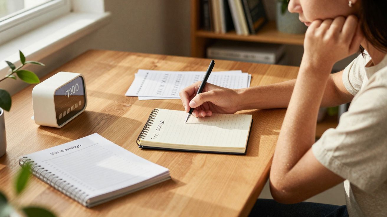Pessoa a escrever num caderno à mesa junto a uma janela com relógio digital e apontamentos.