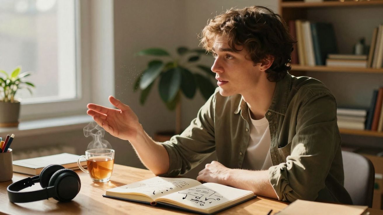 Jovem sentado à mesa, a explicar algo com um livro aberto e chá fumegante ao lado.