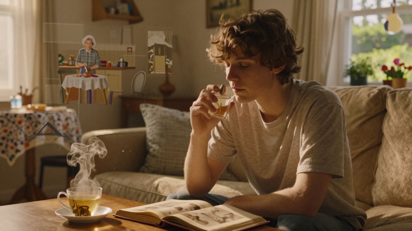 Rapaz sentado no sofá a ler um livro e a cheirar um frasco, com chá quente numa mesa à frente.